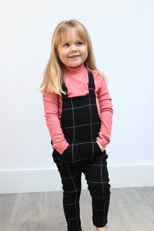 Black unisex check kids dungaree