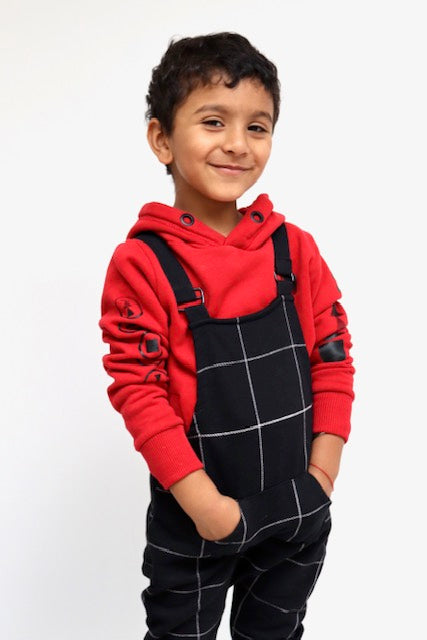 Black unisex check kids dungaree