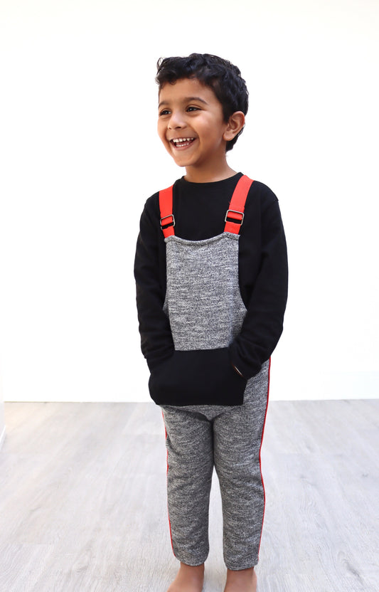 Unisex grey marl kids dungaree with orange piping