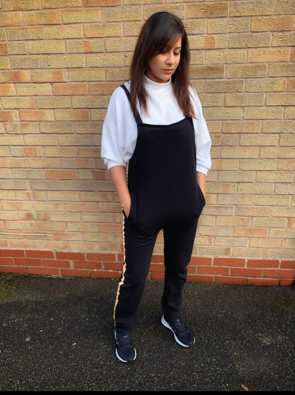 Ladies black dungaree with mustard taping – anay and jay